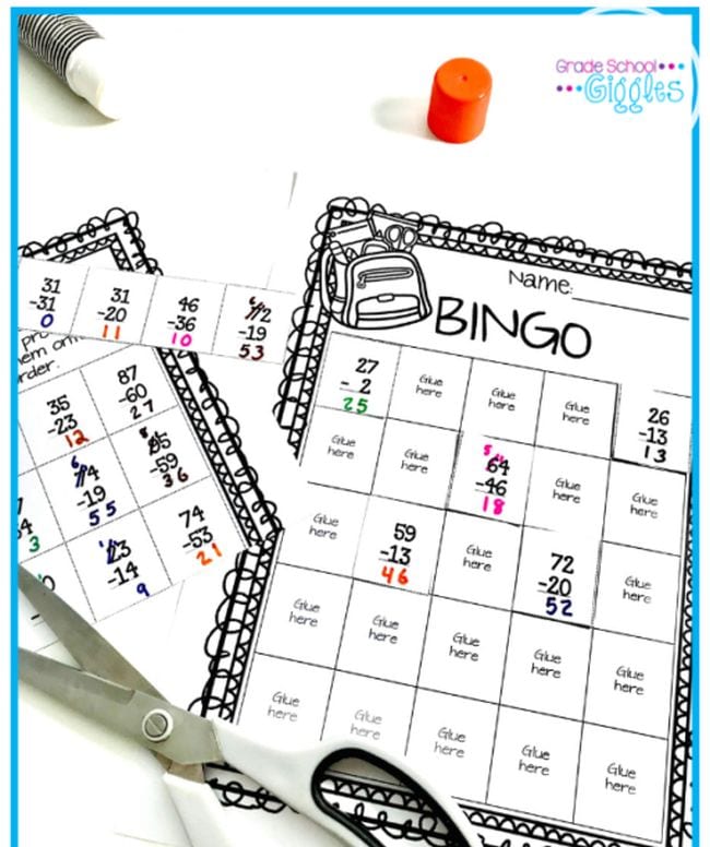 A bingo card with subtraction problems written in the squares