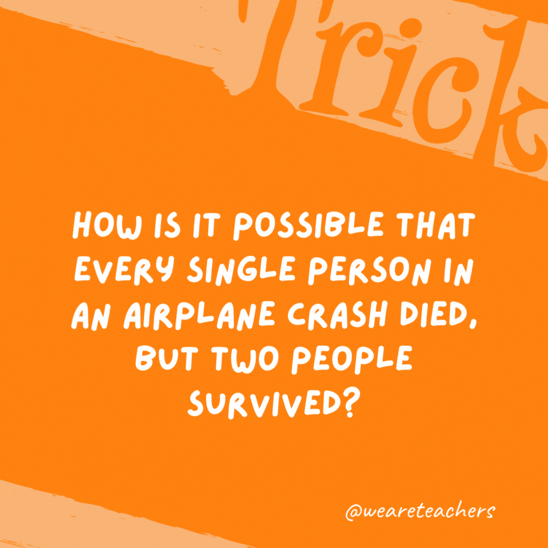 How is it possible that every single person in an airplane crash died, but two people survived?

The two survivors were married, not single.