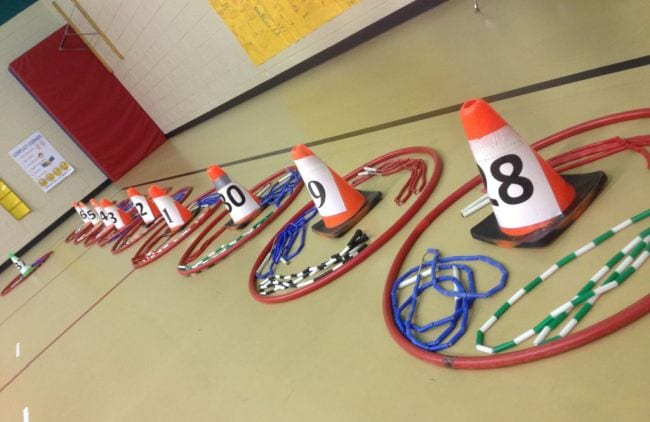 Hula hoops laid on the floor with jump ropes and numbered cones in each (Circulatory System Activities)