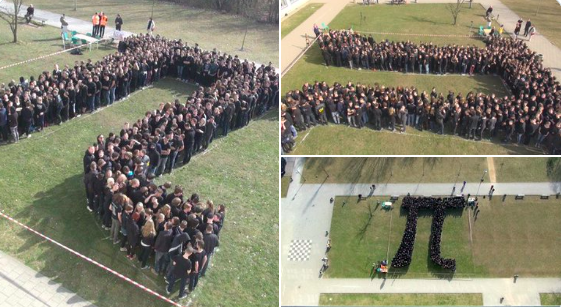 A trio of shots showing people lined up in the shape of pi
