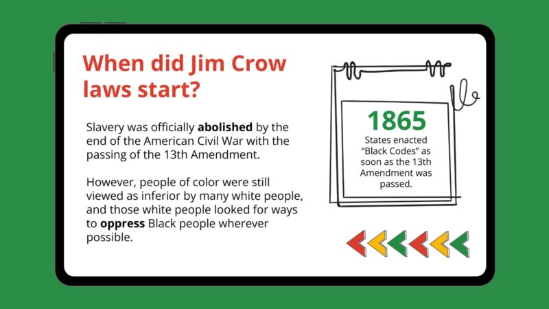 Jim Crow Laws for Kids Google slide about when they started.