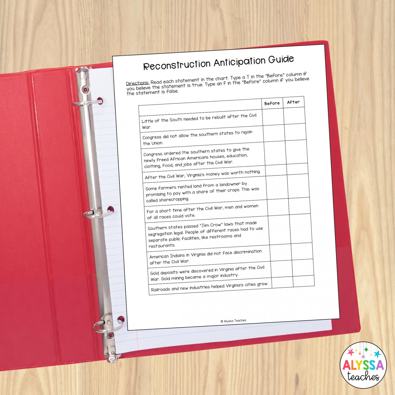 Worksheet in a red binder called Reconstruction Anticipation Guide, used as a diagnostic pre-assessment (Types of Assessment)