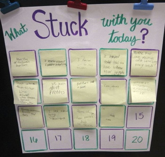 What stuck with you today? chart with sticky note exit tickets, used as formative assessment