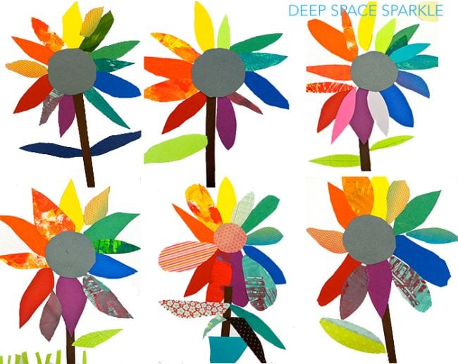 Brightly colored flowers are shown in this example of kindergarten art projects.