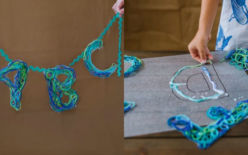 A child makes letters from string in this example of kindergarten art projects.