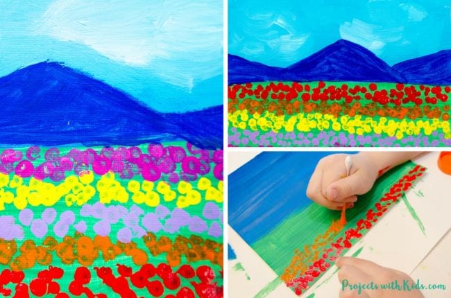 Several paintings of landscapes are shown. In the corner a child's hand is seen painting with a q-tip.