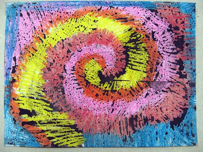 Spiral artwork made with crayons and watercolors