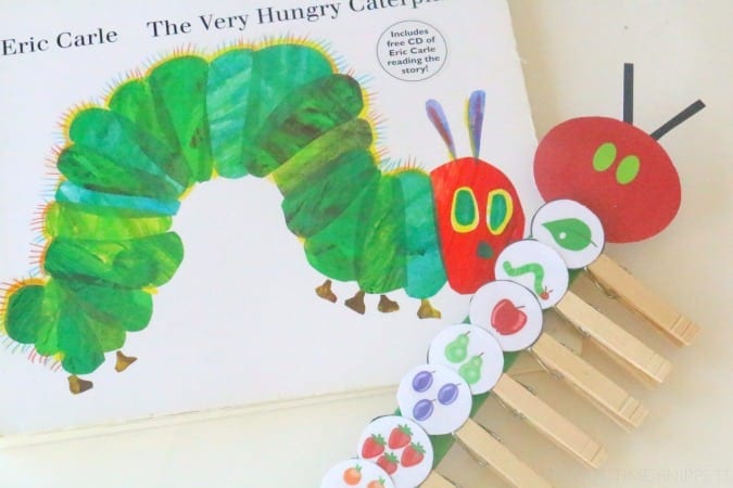 A caterpillar is made from circles glued to a clothespin.