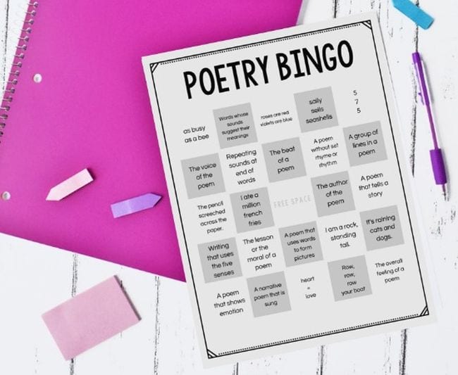 Printable Poetry Bingo worksheet with pen and paper markers