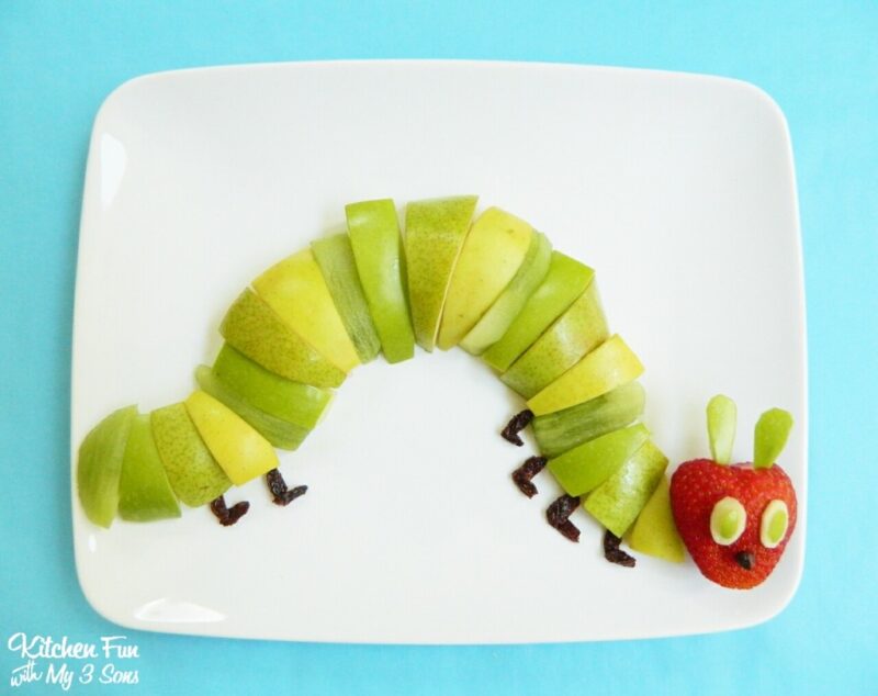 A caterpillar is constructed from sliced apples.
