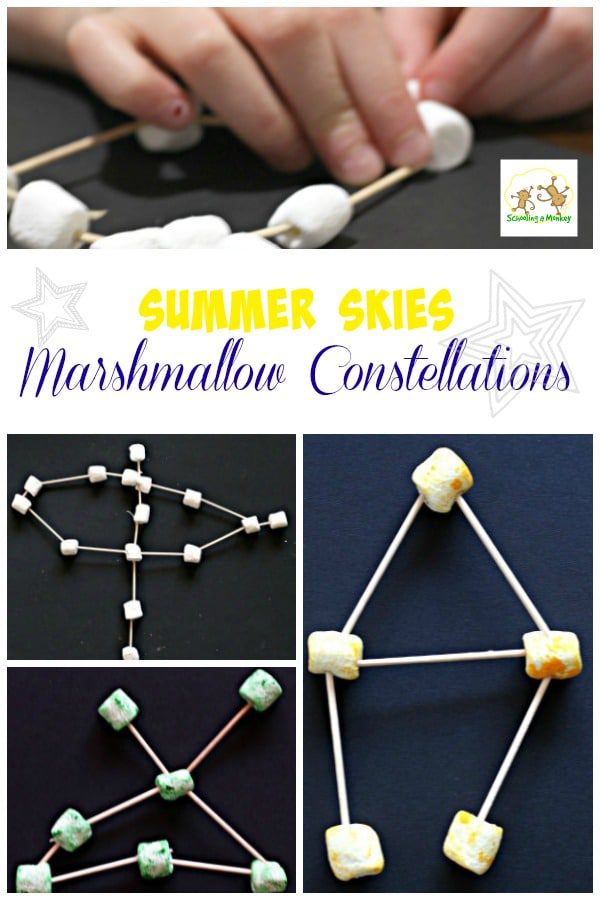 hands are shown assembling different constellations from toothpicks and marshmallows.