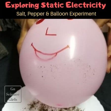 A pink balloon has a face drawn on it. It is hovering over a plate with salt and pepper on it
