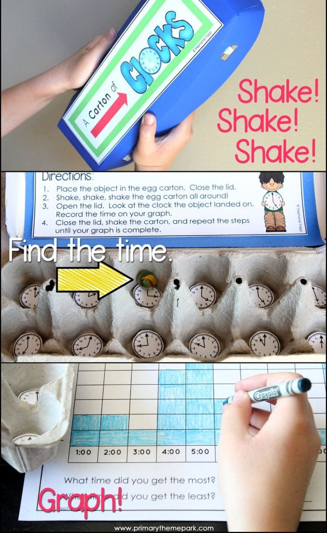 Collage of student shaking an egg carton of clock times and graphing the results