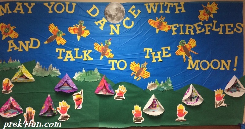 Text reads May you dance with fireflies and talk to the moon. Tents made from paper plates are shown and fireflies. (summer bulletin board ideas)