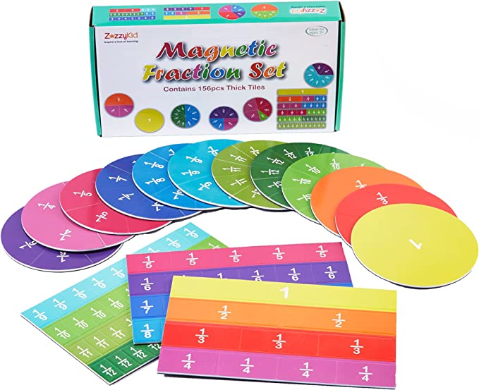 Magnetic fraction set box and colorful magnets on display for fraction activities. 