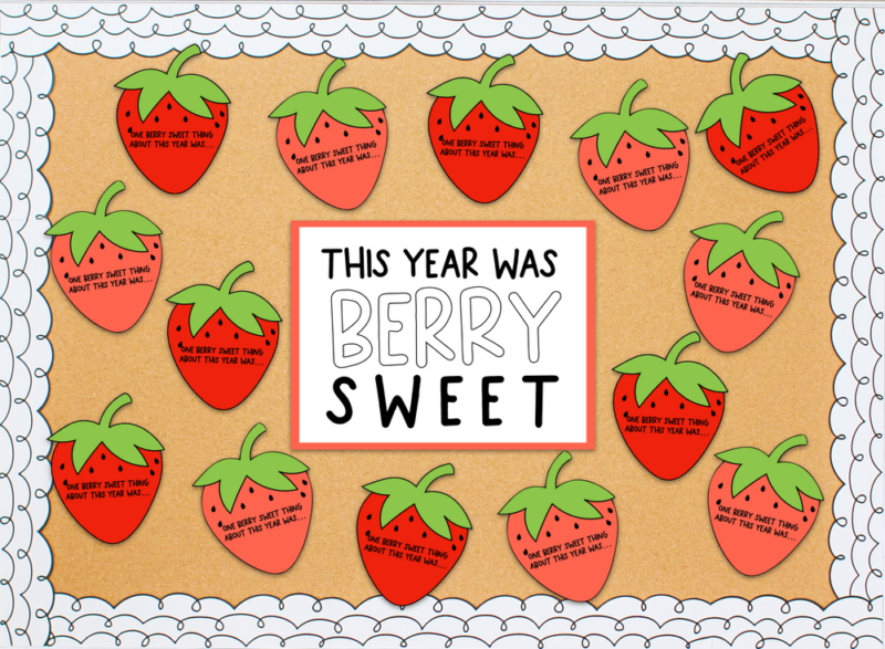 A bulletin board says this year was berry sweet. It has strawberries all over it with writing prompts on them (summer bulletin board ideas)