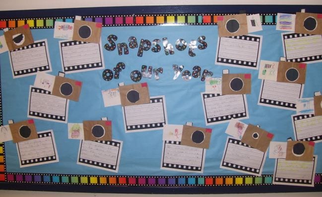 A bulletin board with end of year snapshots created by students