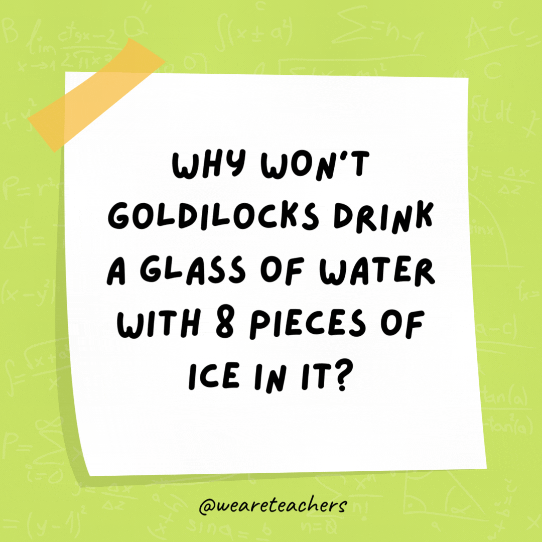 Why won't Goldilocks drink a glass of water with 8 pieces of ice in it? It's too cubed. - math jokes