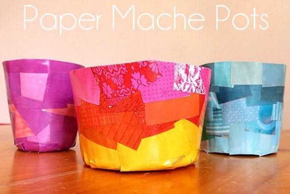Pots made from colorful scraps of paper with papier mache