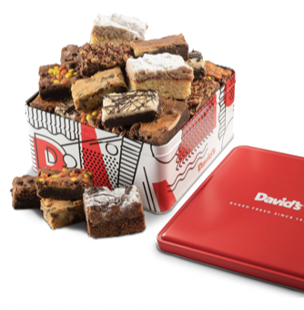 Brownies and cakes in a tin, with a red lid reading "David's"