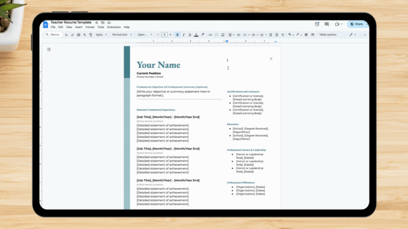 Animated GIF of a tablet showing an editable free teacher resume template