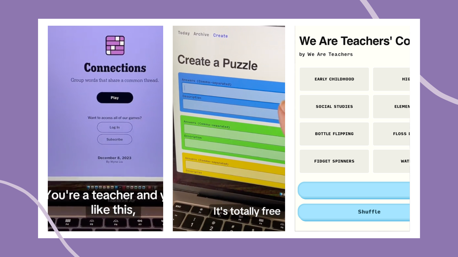 TikTok with examples of custom Connections puzzles- educational brain breaks