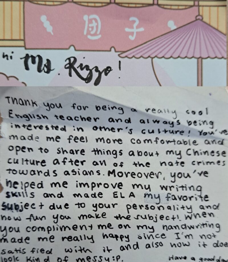 Thank you to note to teacher written by a Chinese student.