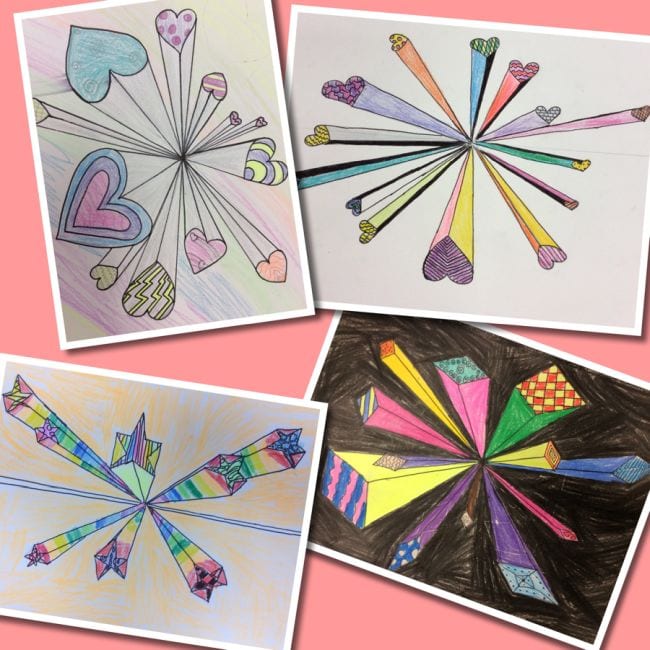 Collage of drawings of various shapes, exploding out from a central point (Fourth Grade Art Projects)