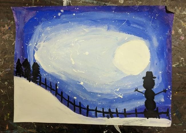 Painted nighttime winter scene with full moon and snowman and tree silhouettes (Fourth Grade Art Projects)