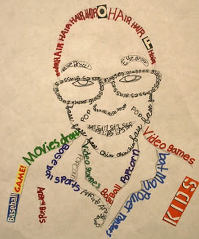 Portrait of a fourth grade art student made using words