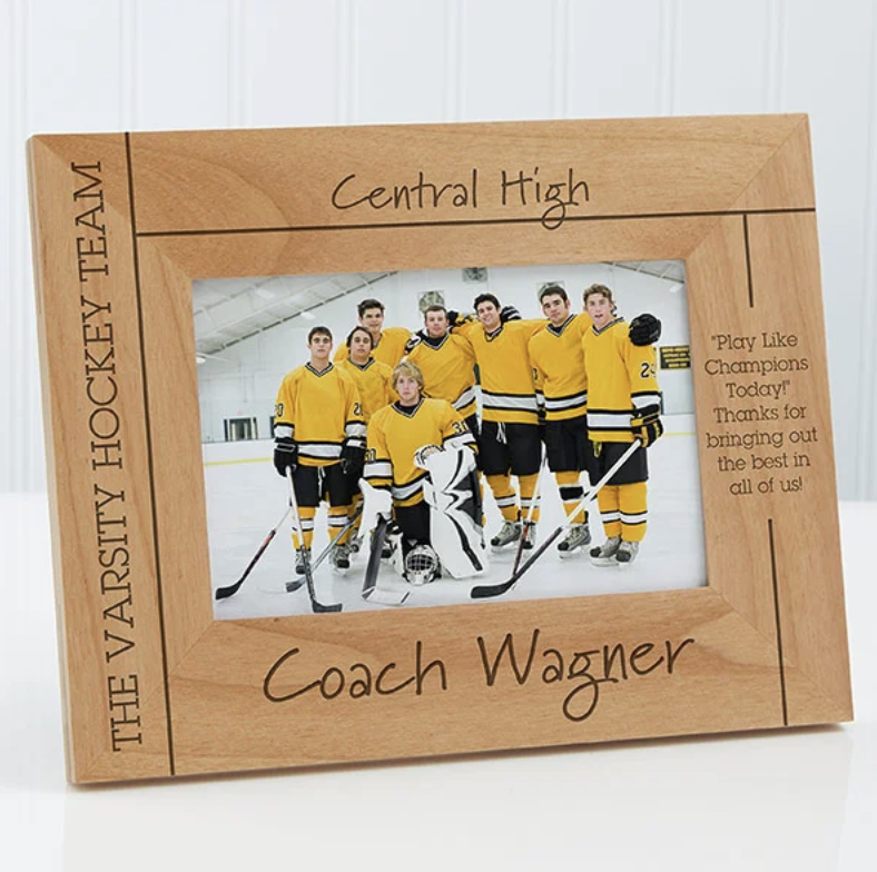 Personalized picture frame with teacher's name and school, with a picture of a hockey team