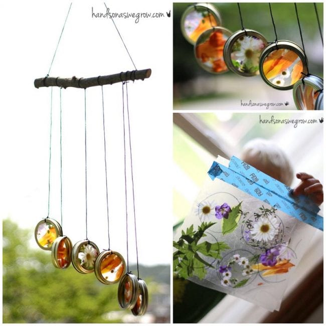 A recycled jar lid is transformed into a wind chime craft