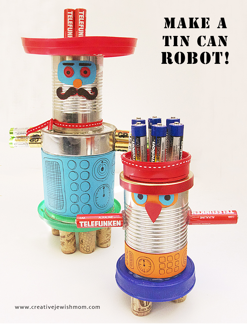 Two robots are constructed from tin cans and other found objects as an example of Earth Day crafts
