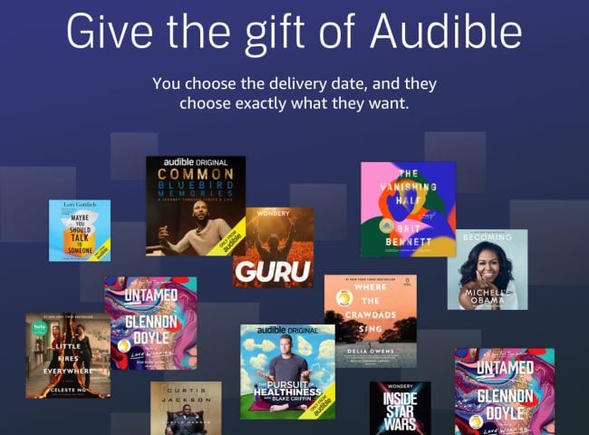 Collage of audiobooks with headline Give the gift of Audible (Teacher Appreciation Gifts)