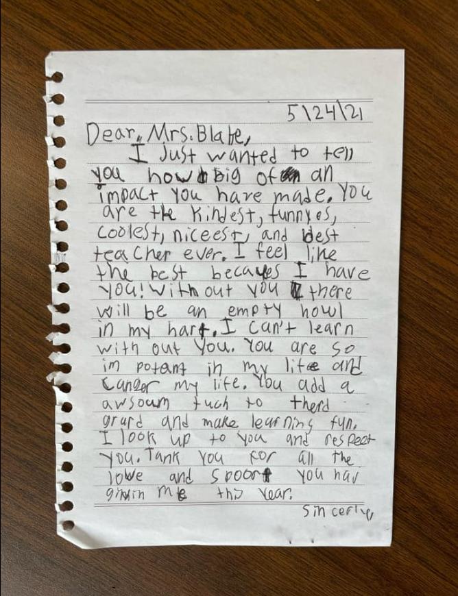 This is one of the sweetest teacher thank-you notes! Brooke B. shared this message from a student who wanted to let her know how much she's changed their life. - Thank you note to teacher