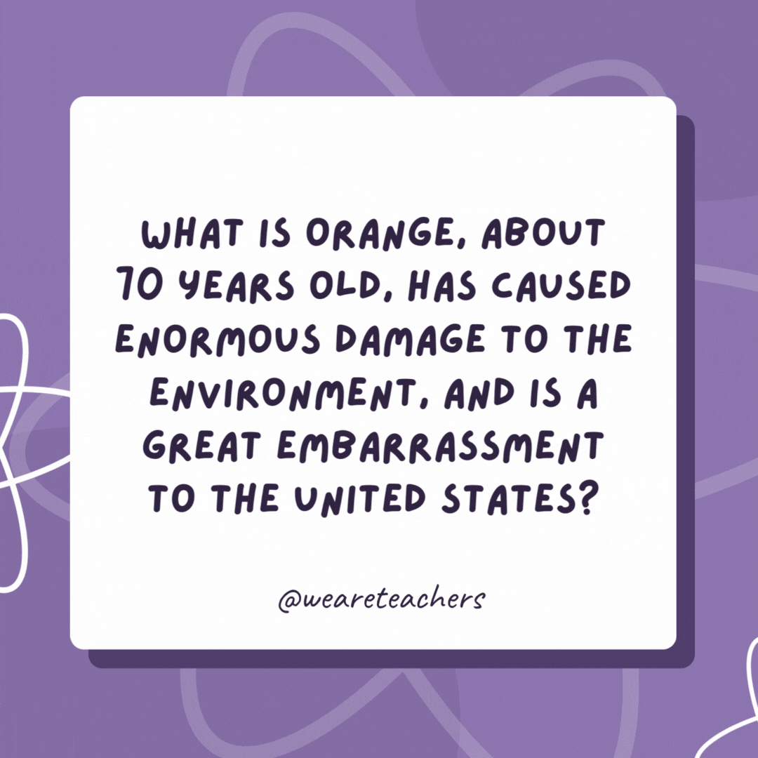 What is orange, about 70 years old, has caused enormous damage to the environment, and is a great embarrassment to the United States?

Agent orange. (What did you think I was talking about?!)