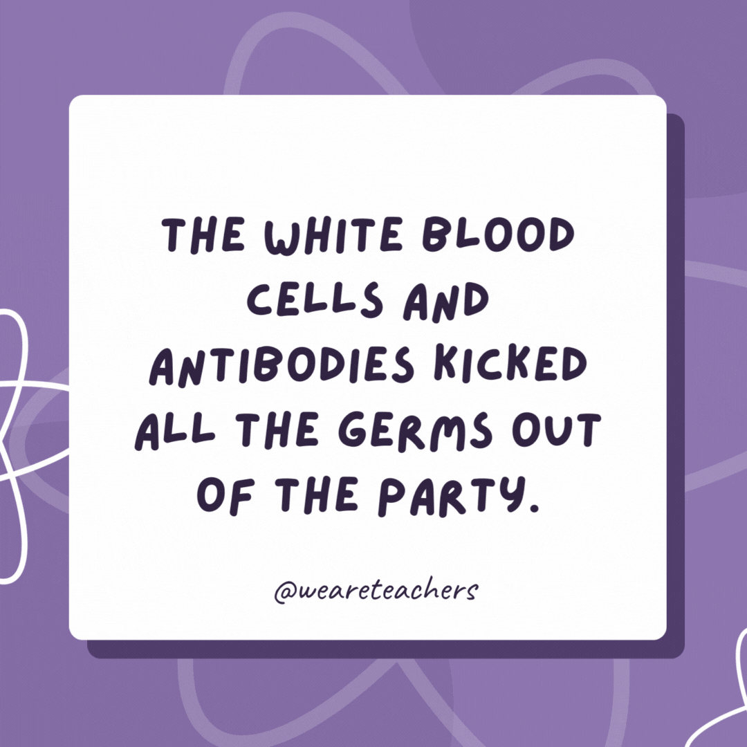 The white blood cells and antibodies kicked all the germs out of the party.

The germs said, “Well, fine, you weren’t a very good host anyway.”