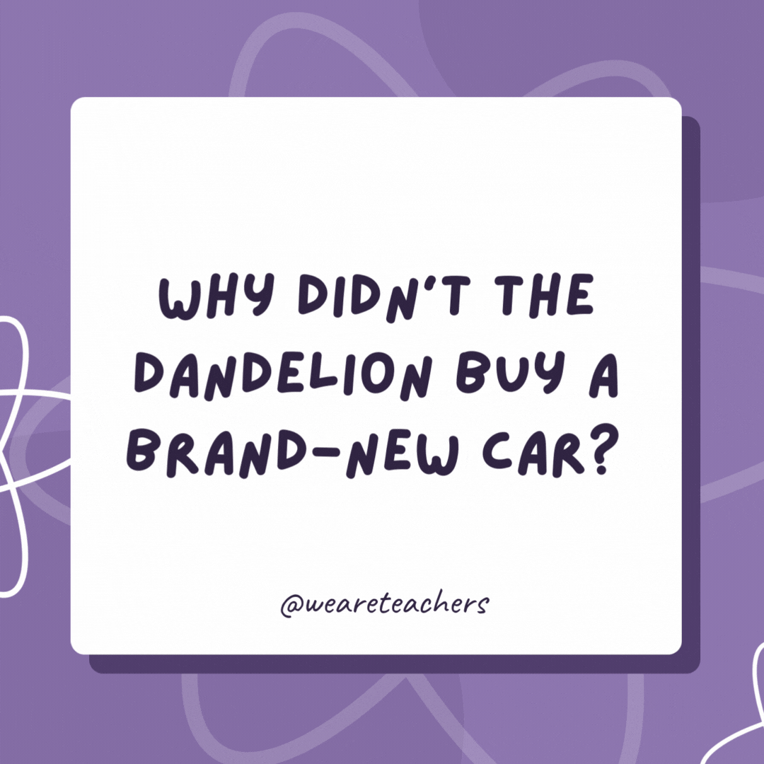 Why didn’t the dandelion buy a brand-new car? 

Because plants are always a “hard cell.”- biology jokes