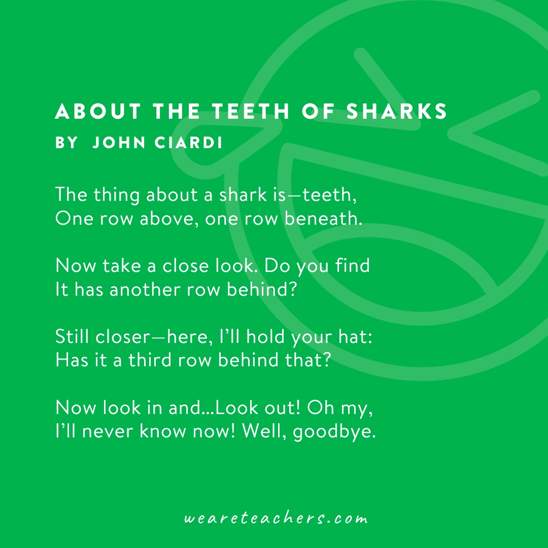 A poem called About the Teeth of Sharks by John Ciardi as an example of funny poems.
