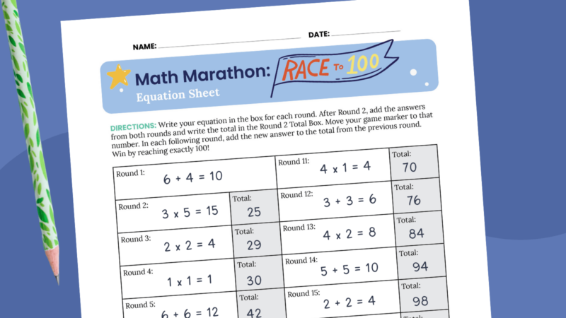 Image of student worksheet from the middle school math game, Math Marathon Race to 100