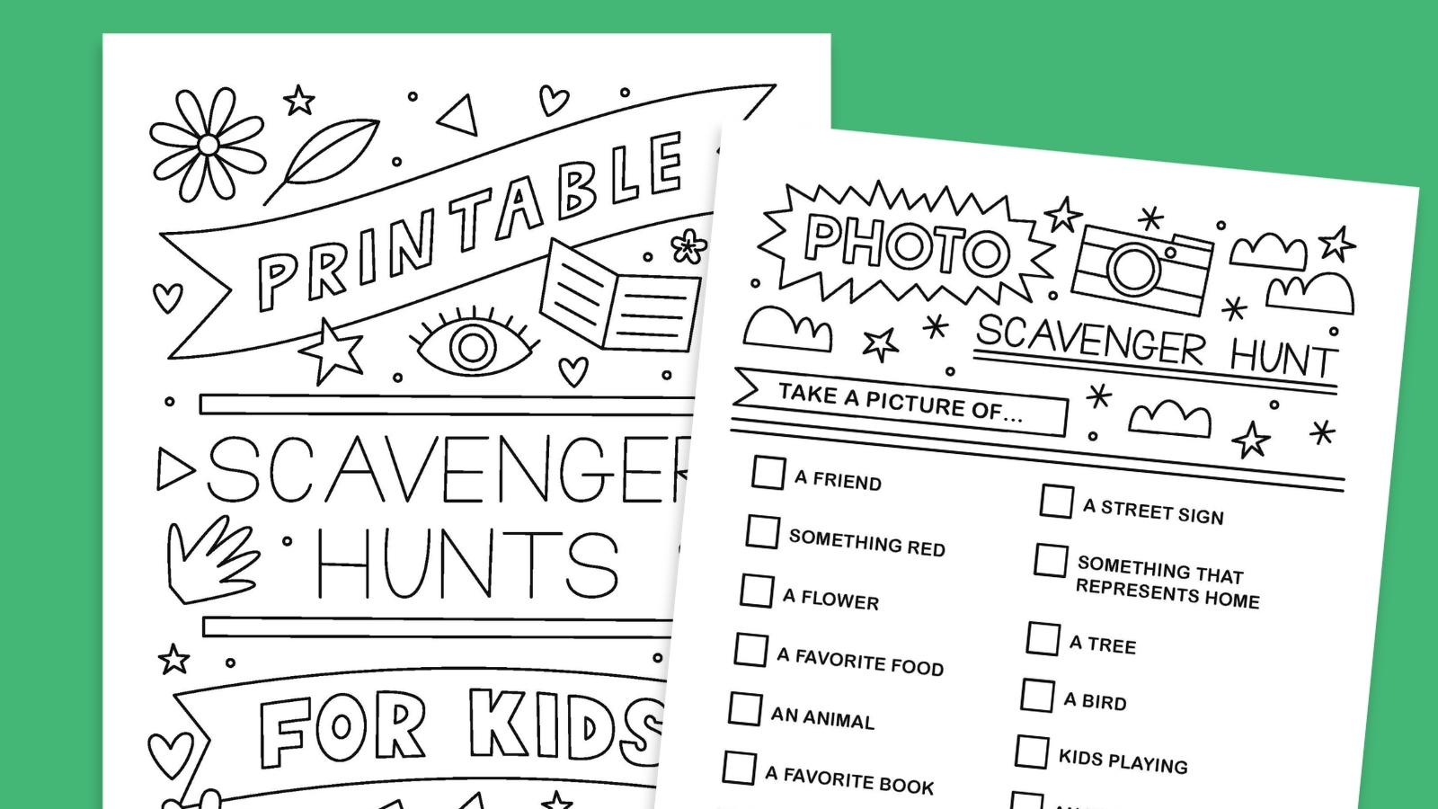 Free printable scavenger hunts for kids pages, including a cover page and a photo hunt