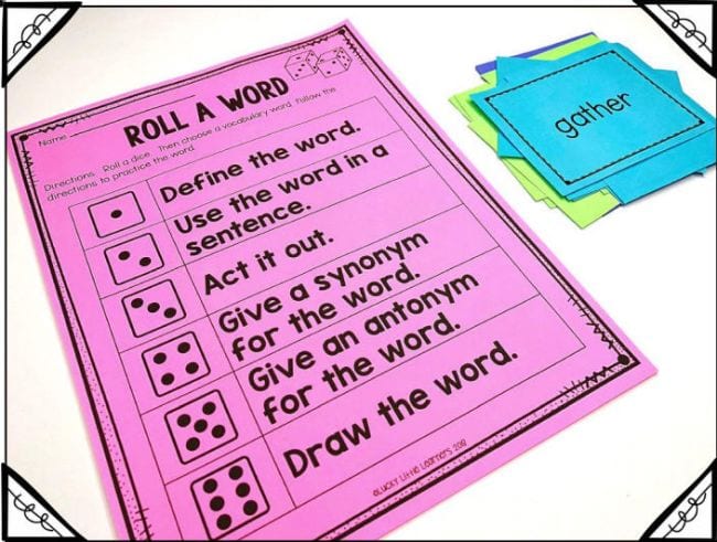 A bright pink vocabulary worksheet entitled Roll a Word as an example of vocabulary activities