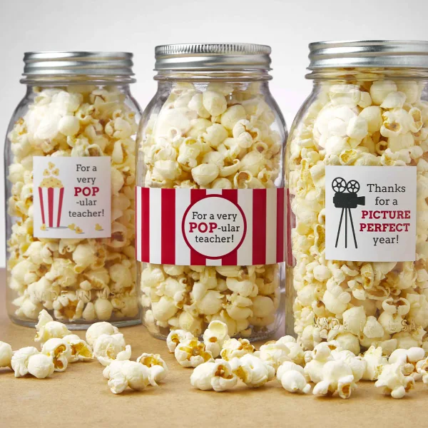 Clear jars of popcorn