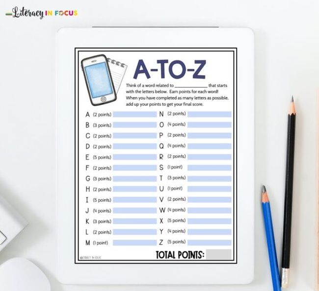 Printable A to Z vocabulary word game worksheet as an example of vocabulary activities