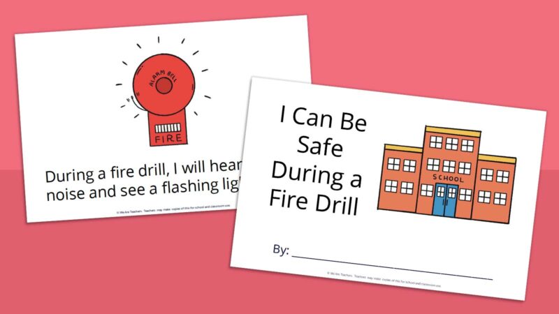 Printable social stories book for kids called I Can Be Safe During a Fire Drill.