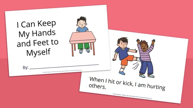 Printable social stories book for kids called I Can Keep My Hands and Feet to Myself.