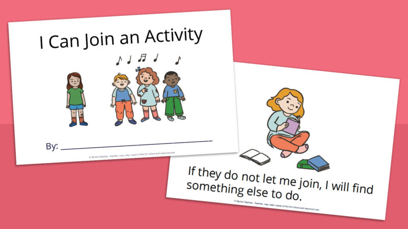 Printable social stories book for kids called I Can Join an Activity.