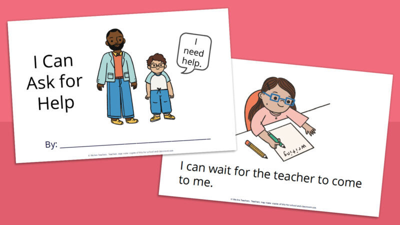 Printable social stories book for kids called I Can Ask for Help.