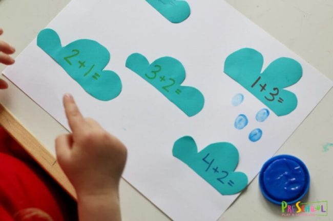 Child fingerpainting raindrops under clouds with addition facts written on them 