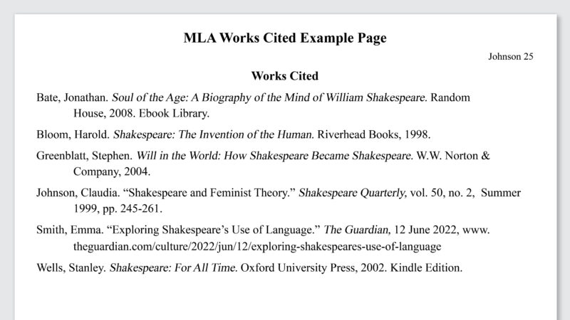 MLA works cited example page.